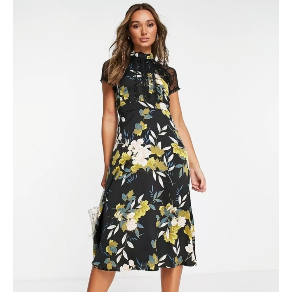 NWT Böhme Floral Print Satin Lace Trim Midi Dress Large A-Line High Neck Boho